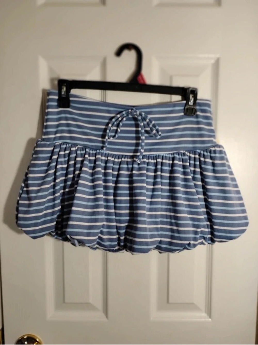 Blue and White Striped Bubble Skirt with Drawstring